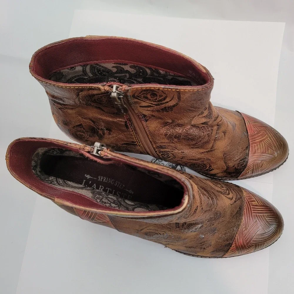 Spring Step L'Artiste Ankle Boots Womens Brown Gold Floral Leather 39